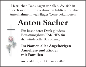 Traueranzeige von Anton Sacher von Mitteldeutsche Zeitung Aschersleben