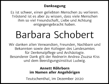Traueranzeige von Barbara Schobert von Mitteldeutsche Zeitung Halle/Saalkreis