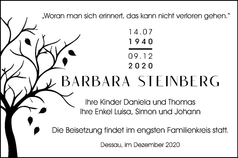  Traueranzeige für Barbara Steinberg vom 24.12.2020 aus Mitteldeutsche Zeitung Dessau-Roßlau