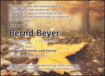 Traueranzeige von Bernd Beyer von Wochenspiegel Naumburg/Nebra