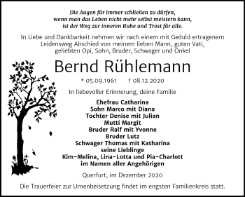 Traueranzeige von Bernd Rühlemann von Super Sonntag Merseburg/Querfurt