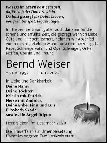 Traueranzeige von Bernd Weiser von Super Sonntag Mansfelder Land