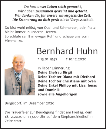 Traueranzeige von Bernhard Huhn von Wochenspiegel Zeitz