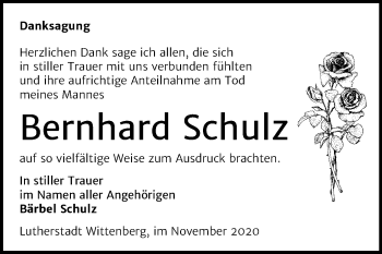 Traueranzeige von Bernhard Schulz von Super Sonntag Wittenberg