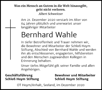 Traueranzeige von Bernhard Wahle von Mitteldeutsche Zeitung Quedlinburg