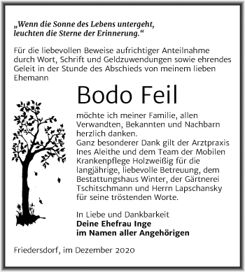 Traueranzeige von Bodo Feil von Mitteldeutsche Zeitung Bitterfeld