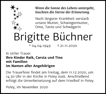 Traueranzeige von Brigitte Büchner von Super Sonntag Bernburg