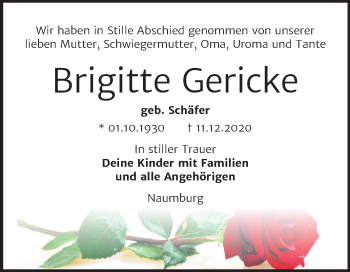Traueranzeige von Brigitte Gericke von Mitteldeutsche Zeitung Naumburg/Nebra