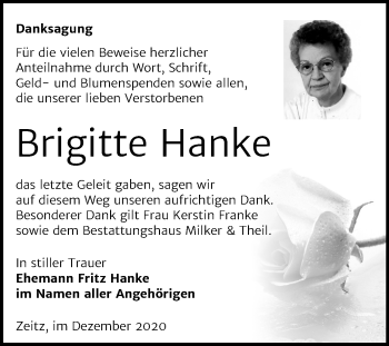 Traueranzeige von Brigitte Hanke von Mitteldeutsche Zeitung Zeitz