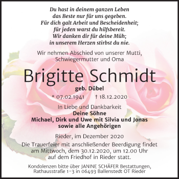 Traueranzeige von Brigitte Schmidt von Mitteldeutsche Zeitung Quedlinburg