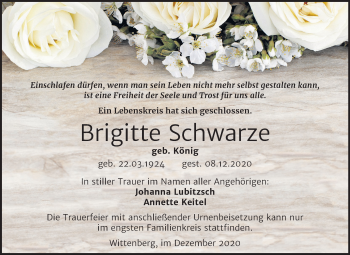 Traueranzeige von Brigitte Schwarze von Mitteldeutsche Zeitung Wittenberg