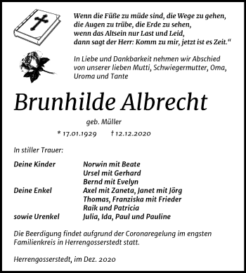 Traueranzeige von Brunhilde Albrecht von Mitteldeutsche Zeitung Naumburg/Nebra