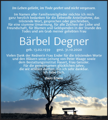 Traueranzeige von Bärbel Degner von Mitteldeutsche Zeitung Wittenberg