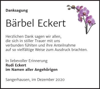 Traueranzeige von Bärbel Eckert von Mitteldeutsche Zeitung Sangerhausen