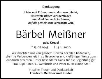 Traueranzeige von Bärbel Meißner von Mitteldeutsche Zeitung Dessau-Roßlau