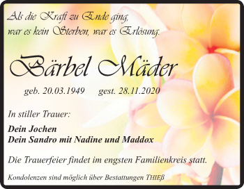 Traueranzeige von Bärbel Mäder von Super Sonntag Quedlinburg