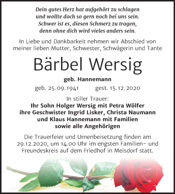 Traueranzeige von Bärbel Wersig von Wochenspiegel Quedlinburg