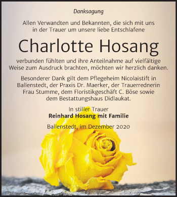 Traueranzeige von Charlotte Hosang von Mitteldeutsche Zeitung Quedlinburg