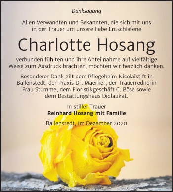 Traueranzeige von Charlotte Hosang von Super Sonntag Quedlinburg