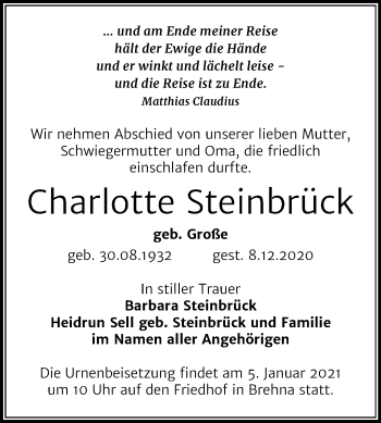 Traueranzeige von Charlotte Steinbrück von Mitteldeutsche Zeitung Bitterfeld