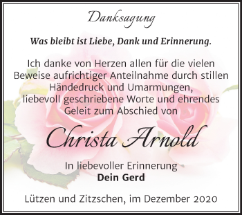 Traueranzeige von Christa Arnold von Wochenspiegel Weißenfels