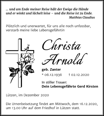 Traueranzeige von Christa Arnold von Mitteldeutsche Zeitung Weißenfels
