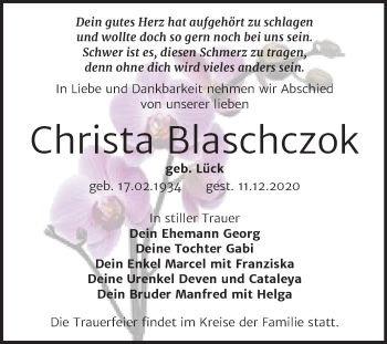 Traueranzeige von Christa Blaschczok von Mitteldeutsche Zeitung Bitterfeld