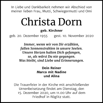 Traueranzeige von Christa Dorn von Mitteldeutsche Zeitung Merseburg/Querfurt