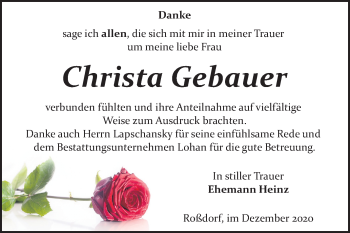 Traueranzeige von Christa Gebauer von Wochenspiegel Bitterfeld