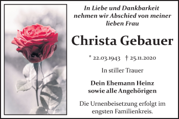 Traueranzeige von Christa Gebauer von Mitteldeutsche Zeitung Bitterfeld