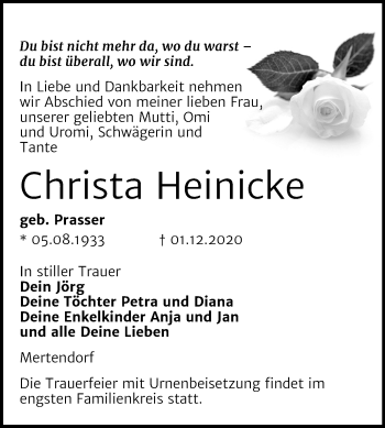 Traueranzeige von Christa Heinicke von Mitteldeutsche Zeitung Naumburg/Nebra