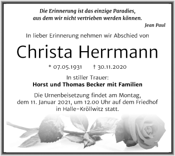 Traueranzeige von Christa Herrmann von Mitteldeutsche Zeitung Halle/Saalkreis