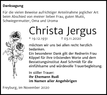 Traueranzeige von Christa Jergus von Wochenspiegel Naumburg/Nebra