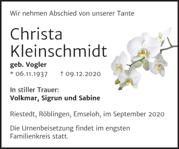 Traueranzeige von Christa Kleinschmidt von Super Sonntag Sangerhausen