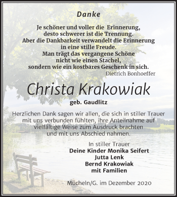Traueranzeige von Christa Krakowiak von Mitteldeutsche Zeitung Merseburg/Querfurt