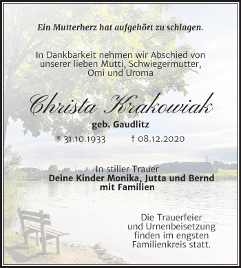 Traueranzeige von Christa Krakowiak von Super Sonntag Merseburg/Querfurt