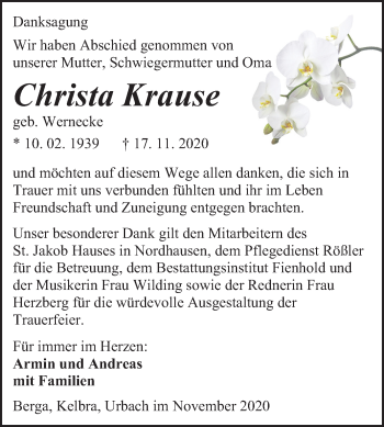 Traueranzeige von Christa Krause von Mitteldeutsche Zeitung Sangerhausen