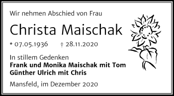 Traueranzeige von Christa Maischak von Mitteldeutsche Zeitung Mansfelder Land