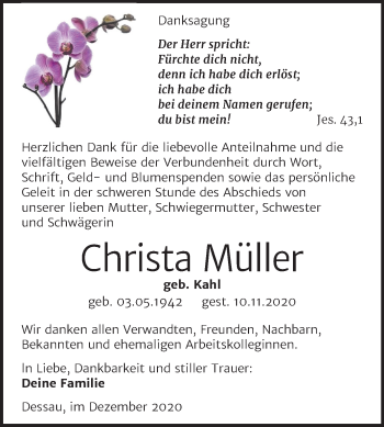Traueranzeige von Christa Müller von Mitteldeutsche Zeitung Wittenberg