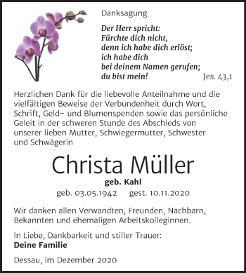 Traueranzeige von Christa Müller von Super Sonntag Dessau-Roßlau