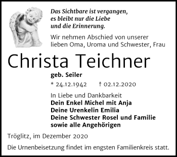 Traueranzeige von Christa Teichner von Mitteldeutsche Zeitung Zeitz