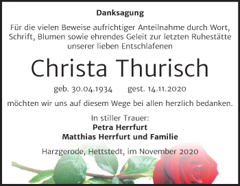 Traueranzeige von Christa Thurisch von Mitteldeutsche Zeitung Quedlinburg