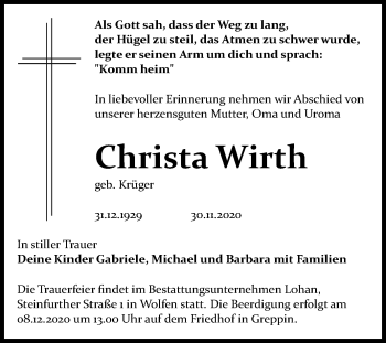 Traueranzeige von Christa Wirth von Mitteldeutsche Zeitung Bitterfeld