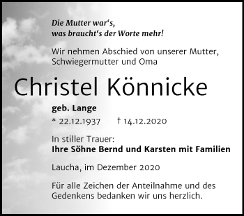 Traueranzeige von Christel Könnicke von Wochenspiegel Naumburg/Nebra