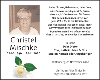 Traueranzeige von Christel Mischke von Mitteldeutsche Zeitung Wittenberg