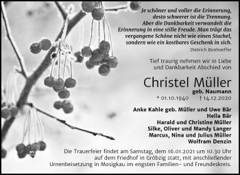Traueranzeige von Christel Müller von Mitteldeutsche Zeitung Köthen