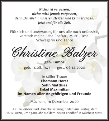 Traueranzeige von Christine Balzer von Mitteldeutsche Zeitung Merseburg/Querfurt