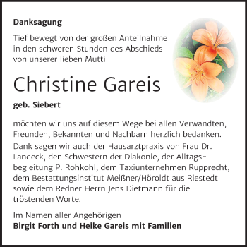 Traueranzeige von Christine Gareis von Super Sonntag Sangerhausen