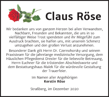Traueranzeige von Claus Röse von Mitteldeutsche Zeitung Quedlinburg