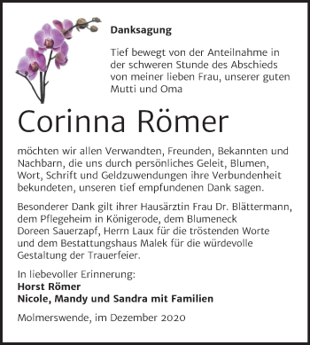 Traueranzeige von Corinna Römer von Mitteldeutsche Zeitung Mansfelder Land